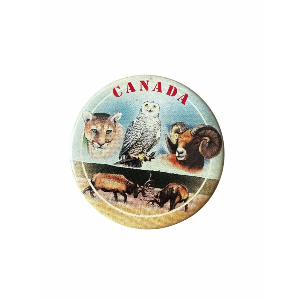 Vintage Canada Wildlife Pinback Button - Cougar, Owl, Ram, Elk, Rare Souvenir